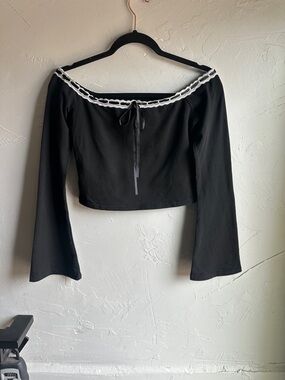 Edikted Black Off Shoulder Lace Top Bell Sleeve Coquette Balletcore Y2K Sz M